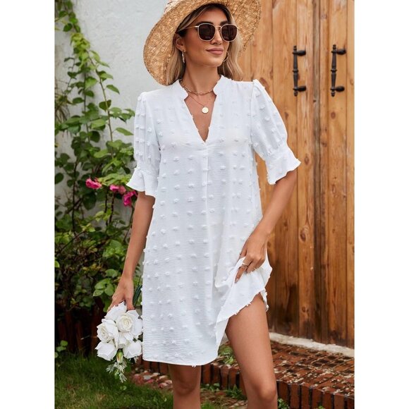 Summer Dot White Dresses for Women V Neck Ruffle Short Sleeve Casual Shift Dress - Picture 5 of 6